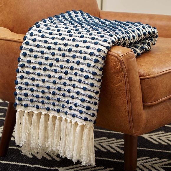 Urban Outfitters Other - Cream Navy Blue Farmhouse Modern Chic Cozy Cute Textured Polka Dot Throw Blanket